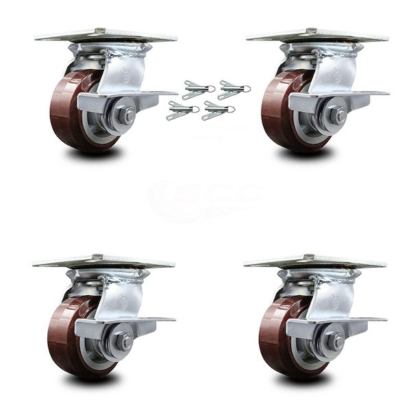 4 Inch Polyurethane Caster Set with Ball Bearing and Brakes/Swivel Locks SCC
